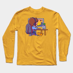 Cute Boy Gamer Playing Game On Computer Cartoon Long Sleeve T-Shirt